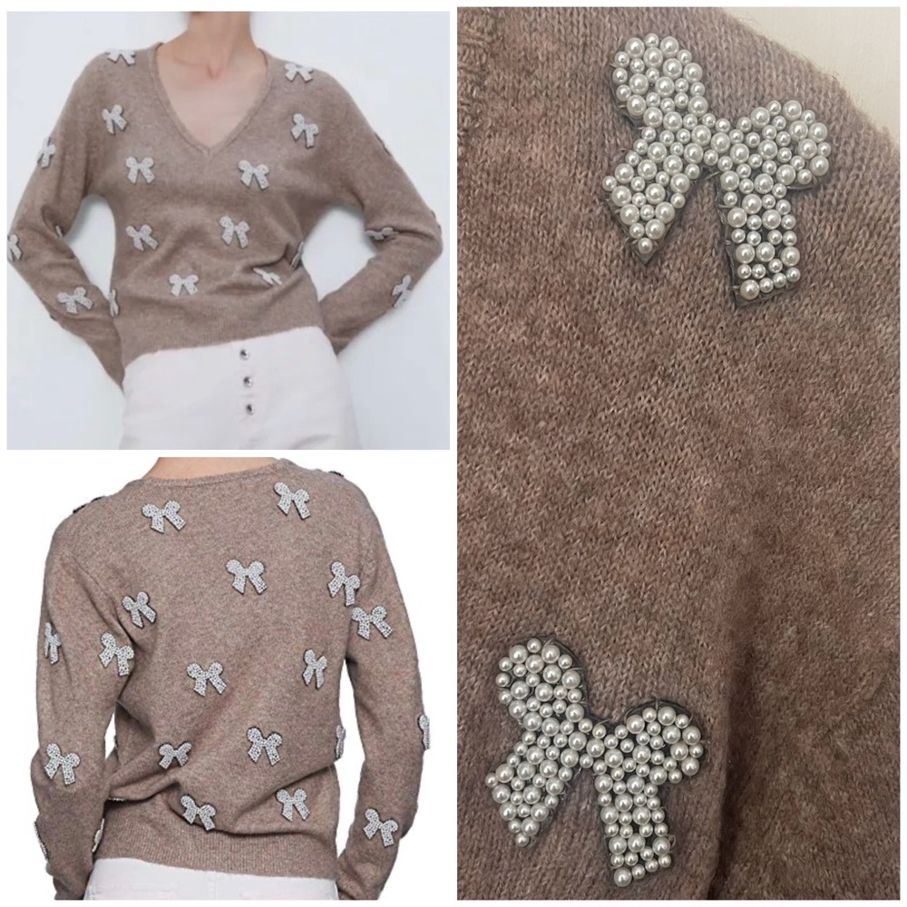 SOLD!!! Zara Pearl Ribbon Embellished Bow Sweater Large V-Neck Holiday Christmas - Picture 2 of 15